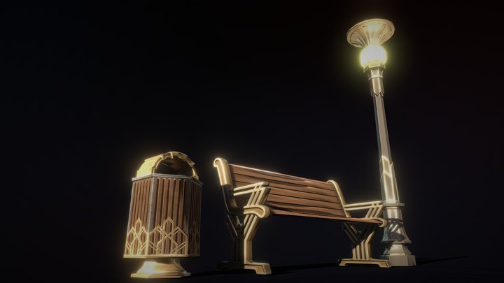Stylized bench, trash can, lantern 3D Model