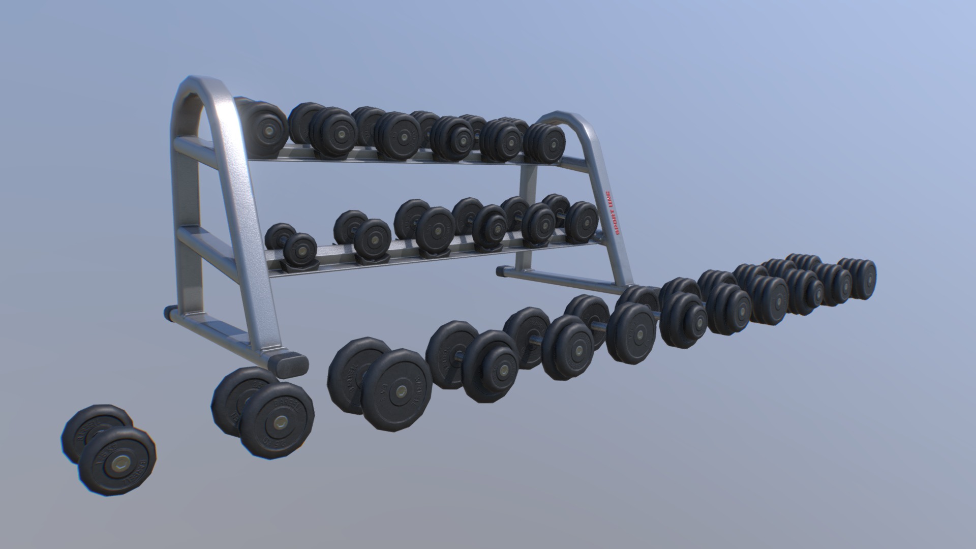 3D model Dumbbell Rack - This is a 3D model of the Dumbbell Rack. The 3D model is about a group of black and silver weights.