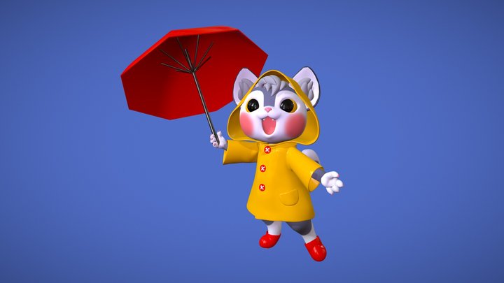 Kitten in a yellow raincoat 3D Model