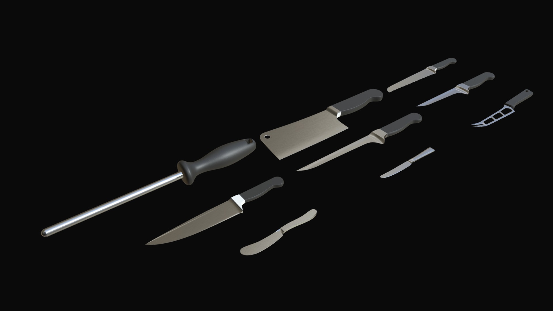 3D model Kitchen knives - This is a 3D model of the Kitchen knives. The 3D model is about a group of knives.
