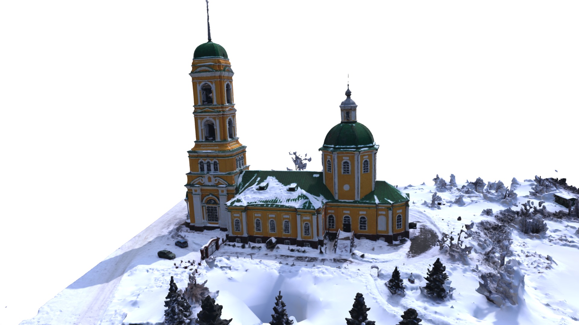 3D model Nikolo-Berezovka church - This is a 3D model of the Nikolo-Berezovka church. The 3D model is about a building with a tower and a dome on top of a snowy hill.