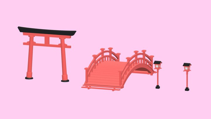 Japanese Bridge Street Lamp Torii Gate 3D Model