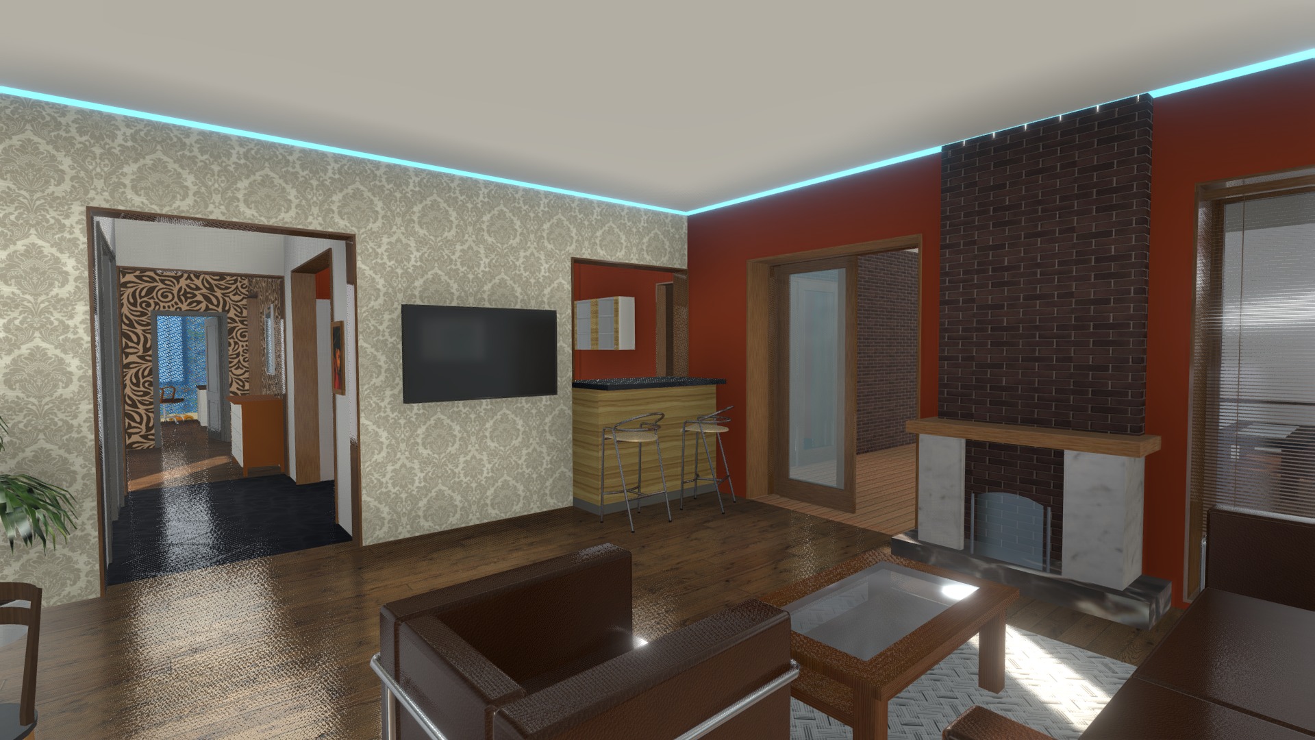 3D model apartment floor plan VR model with furniture - This is a 3D model of the apartment floor plan VR model with furniture. The 3D model is about a living room with a fireplace.