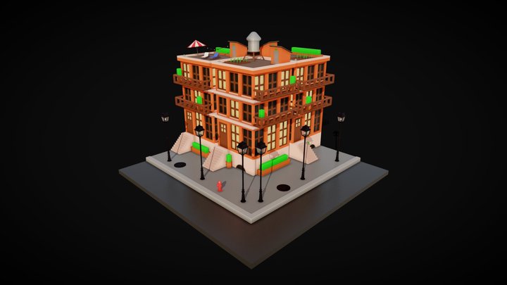 Low-poly toon building and props (game ready) 3D Model