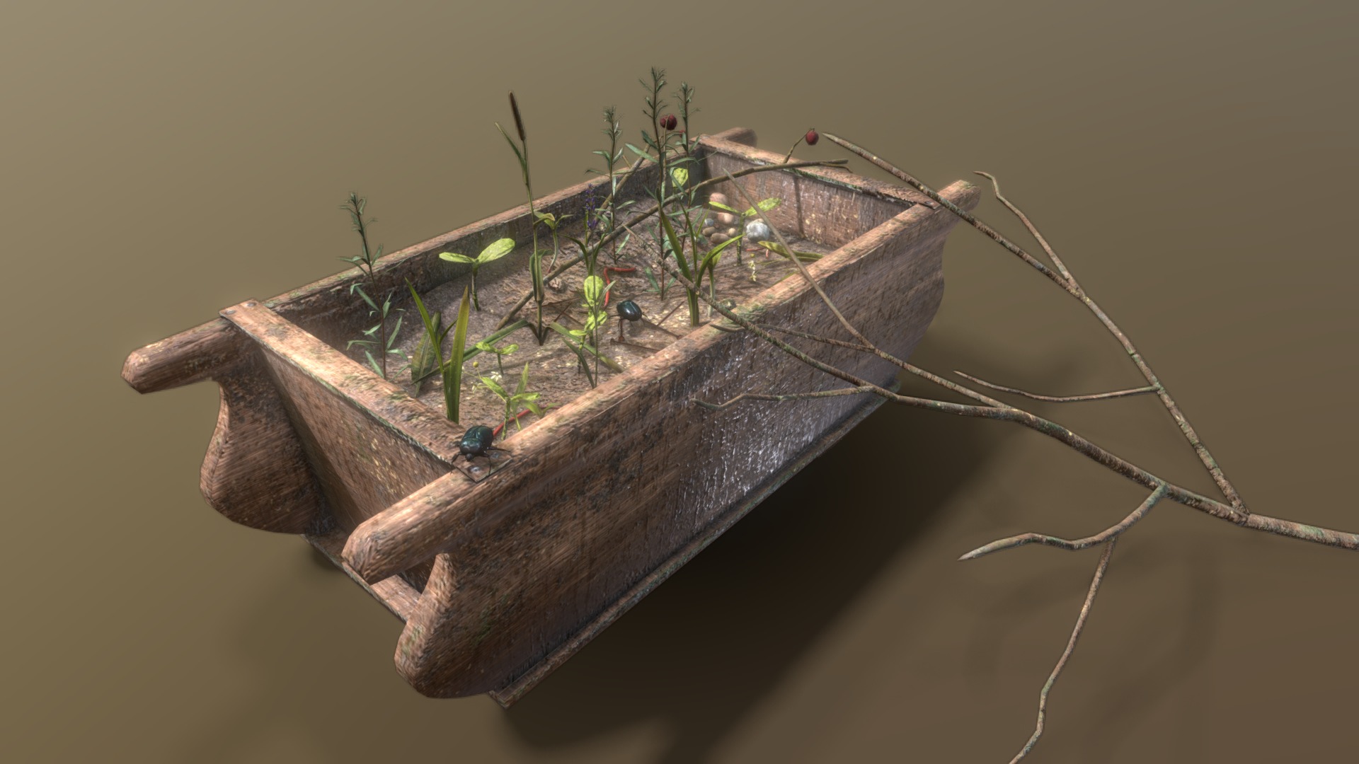 3D model Old Garden Washtub Ecosystem / Asset Pack - This is a 3D model of the Old Garden Washtub Ecosystem / Asset Pack. The 3D model is about a log in the water.