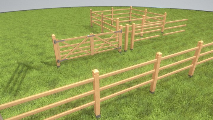3 Board Larch Paddock Fence with Door 3D Model