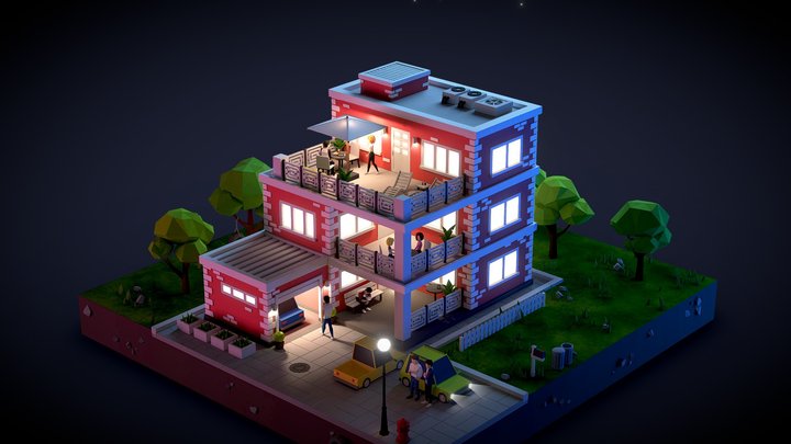 Low Poly Building with Characters. Night 3D Model