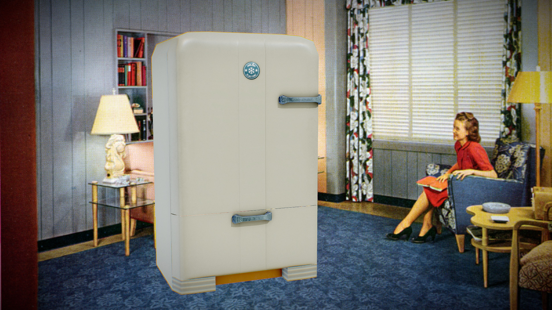 3D model Retro Refrigerator - This is a 3D model of the Retro Refrigerator. The 3D model is about a person sitting in a chair next to a refrigerator.