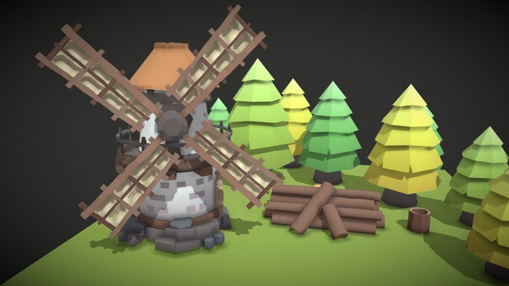 Windmill and Forest - Low Poly 3D Game Asset 3D Model