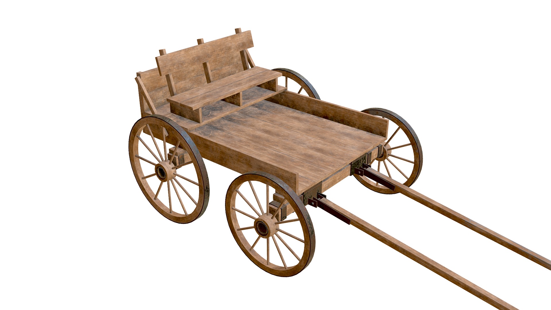 3D model Wooden cart with bench - This is a 3D model of the Wooden cart with bench. The 3D model is about a wooden cart with wheels.