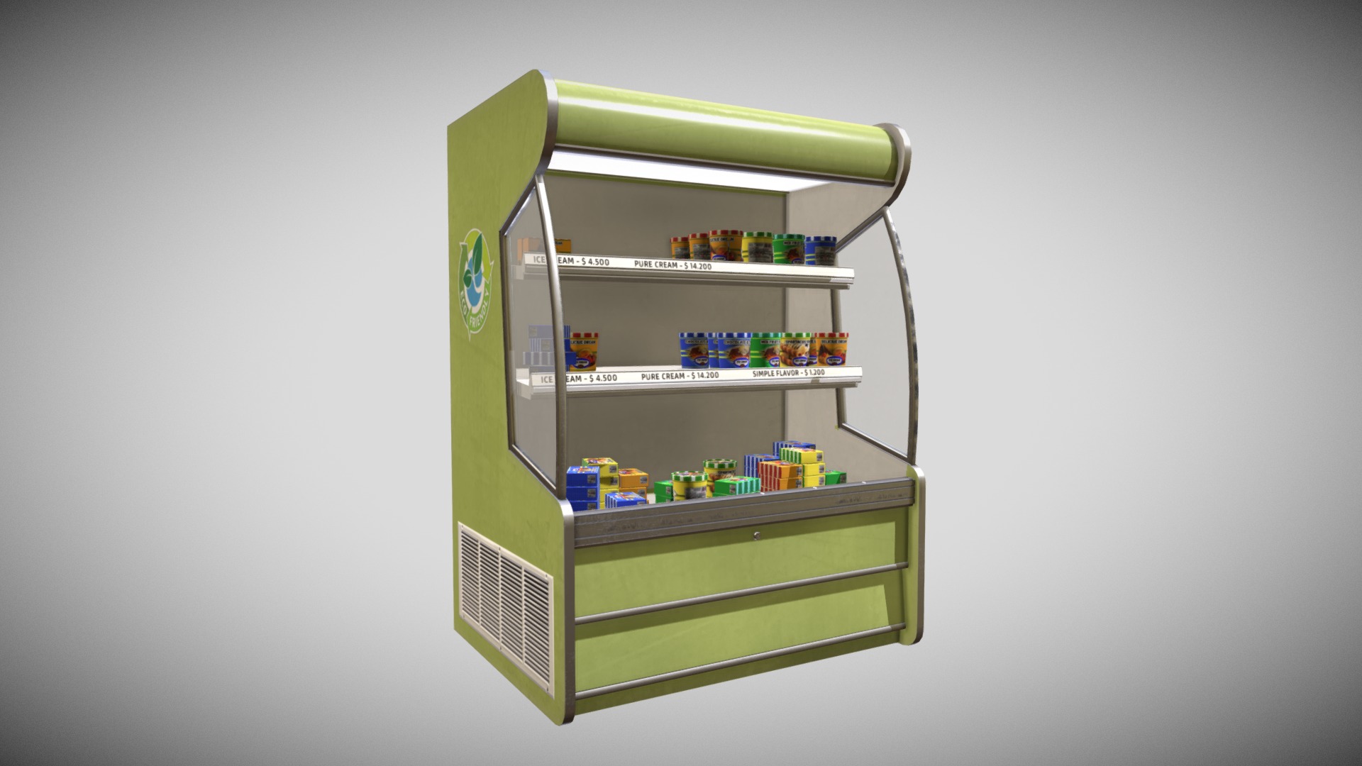 3D model Ice Cream Expositor - This is a 3D model of the Ice Cream Expositor. The 3D model is about a green and yellow shopping cart.