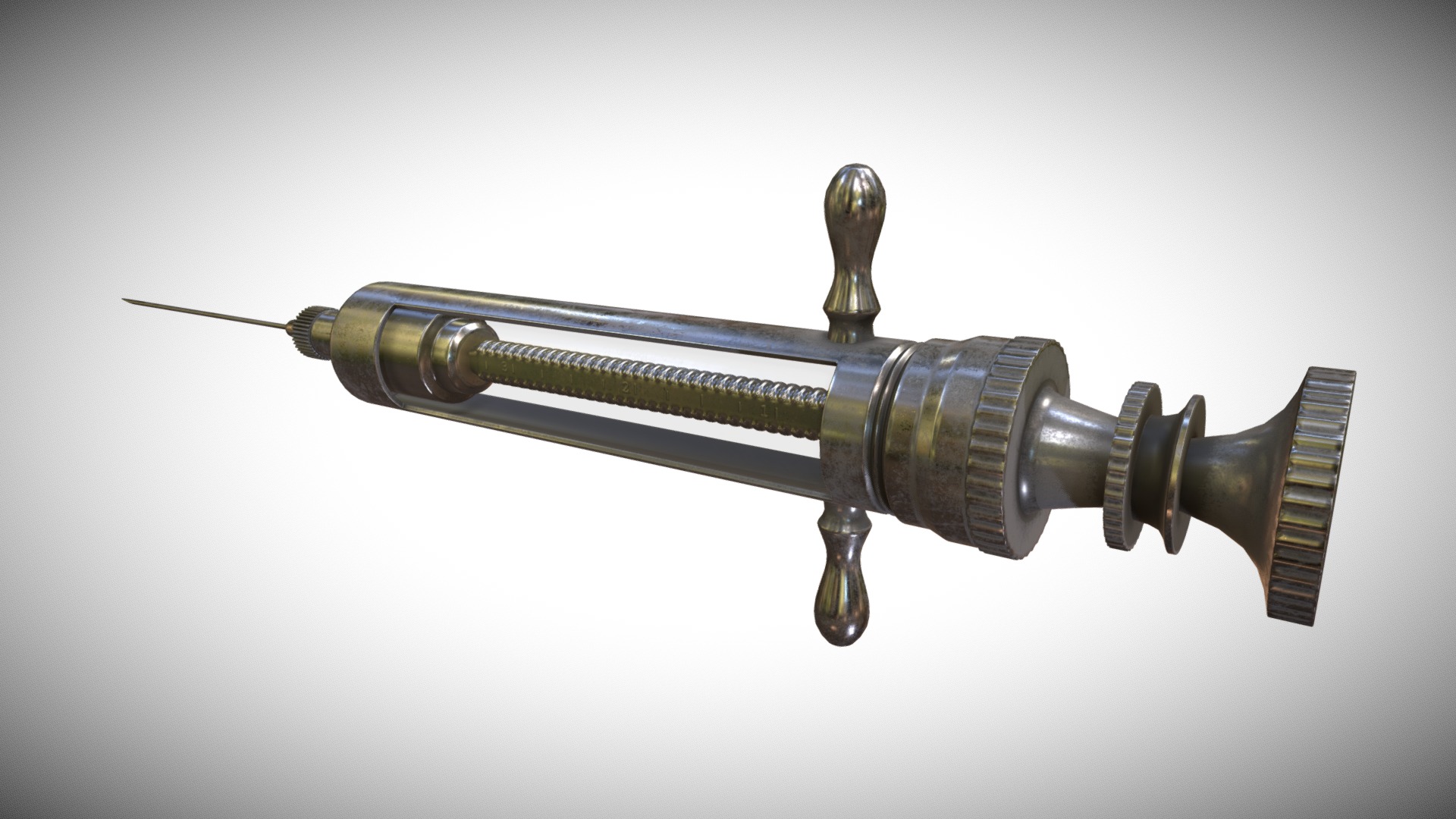 3D model Old Syringe - This is a 3D model of the Old Syringe. The 3D model is about a metal object with a handle.