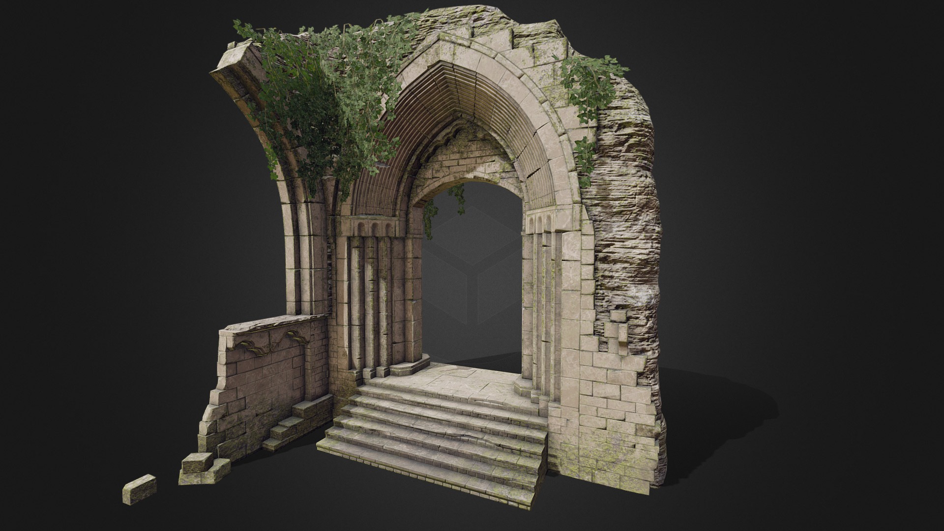 3D model Overgrown Archway - This is a 3D model of the Overgrown Archway. The 3D model is about a stone building with a staircase.