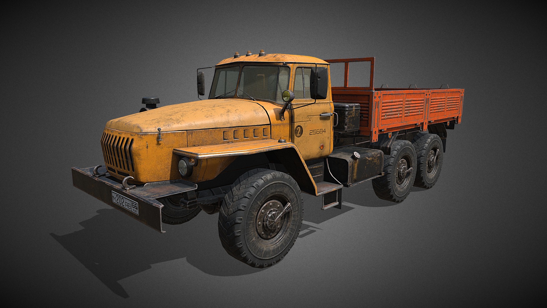 3D model Heavy truck Ural - This is a 3D model of the Heavy truck Ural. The 3D model is about a yellow truck with a trailer.