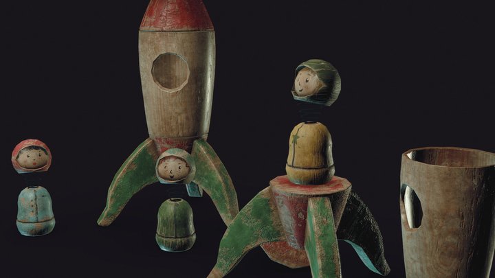 Rocket and Astronauts stylized wooden toys 3D Model