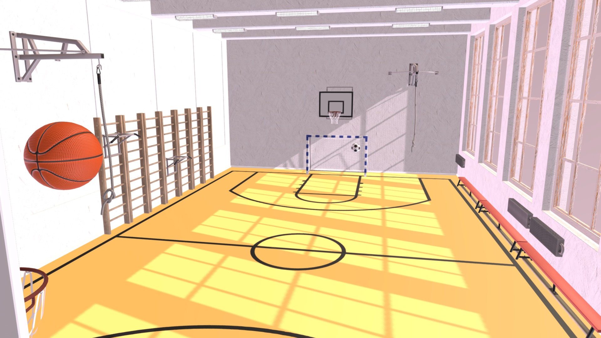 3D model School gym – inventory and interior - This is a 3D model of the School gym - inventory and interior. The 3D model is about a basketball court with a basketball hoop.