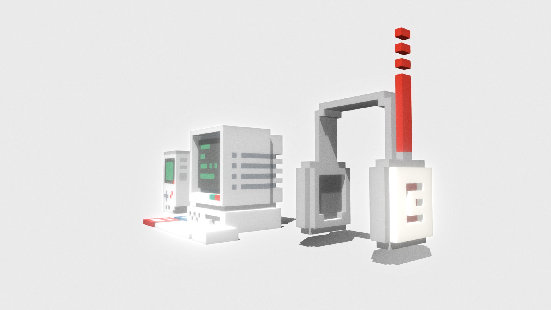 3D model Retro_Electronics.1 - This is a 3D model of the Retro_Electronics.1. The 3D model is about a group of white toy buildings.