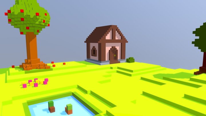 Voxel House with Pond 3D Model