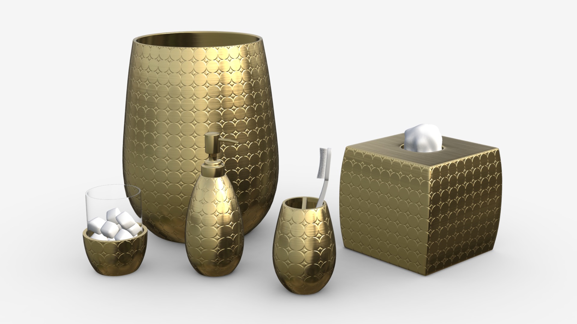 3D model Pina Colada Gold Pineapple Bath Accessories - This is a 3D model of the Pina Colada Gold Pineapple Bath Accessories. The 3D model is about a group of objects next to each other.