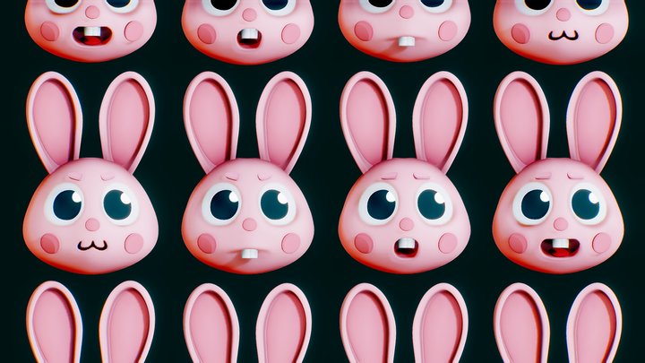 Rabbit Head Cartoon Smile Emoji 3D Model