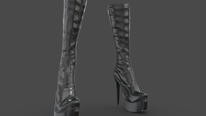 Shiny Black Leather High Heel Female Knee Boots 3D Model