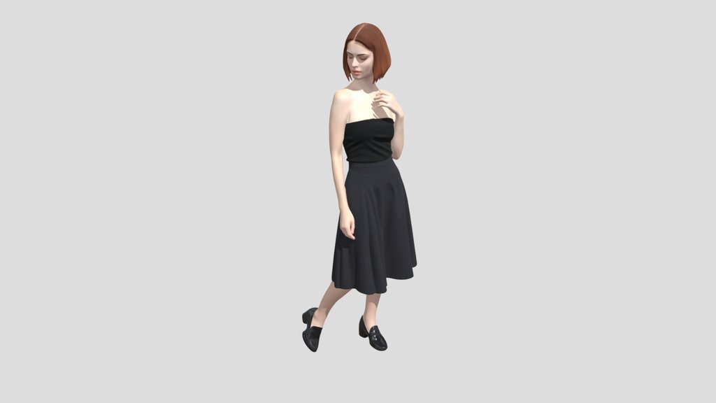 Redhead in a Black Top and Gray Midi Skirt