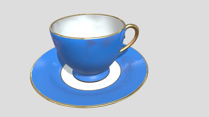 Blue Ceramic Cup with Gold Rim 3D Model