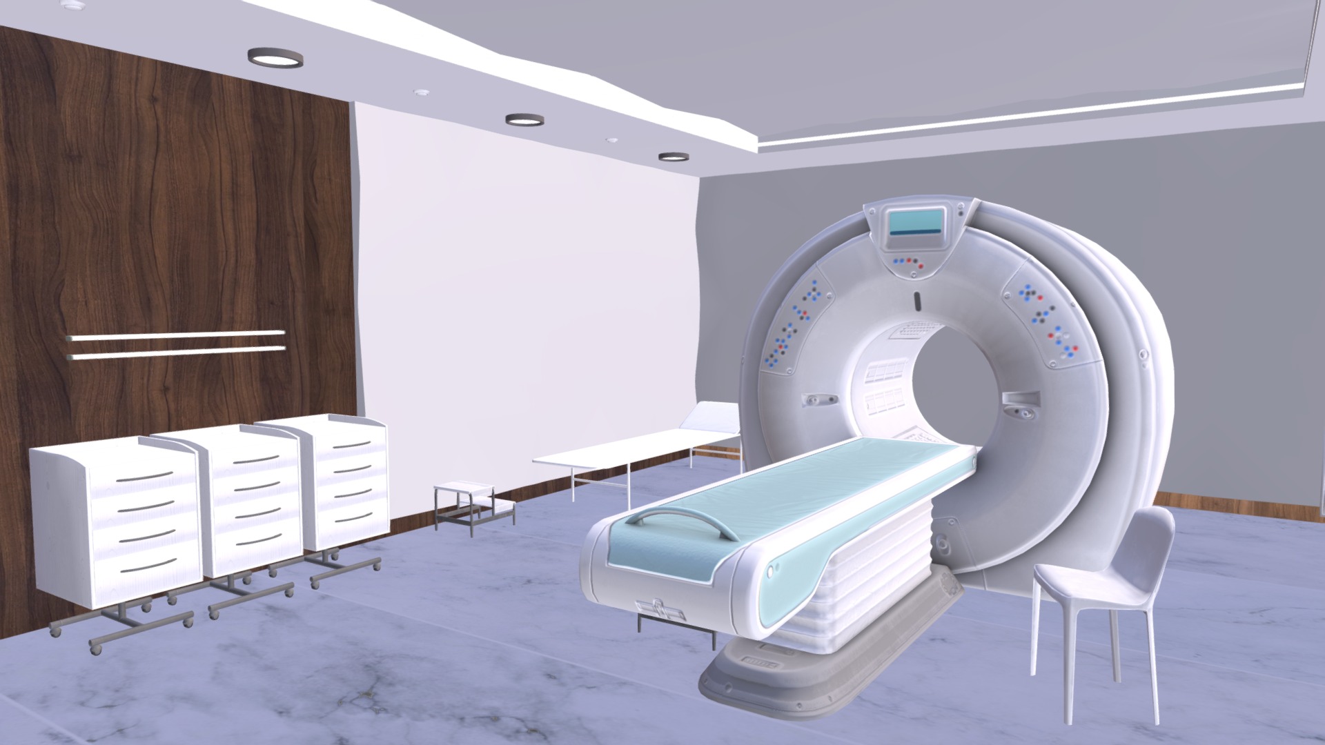 3D model Tomography – interior and props - This is a 3D model of the Tomography - interior and props. The 3D model is about a room with a table and chairs.
