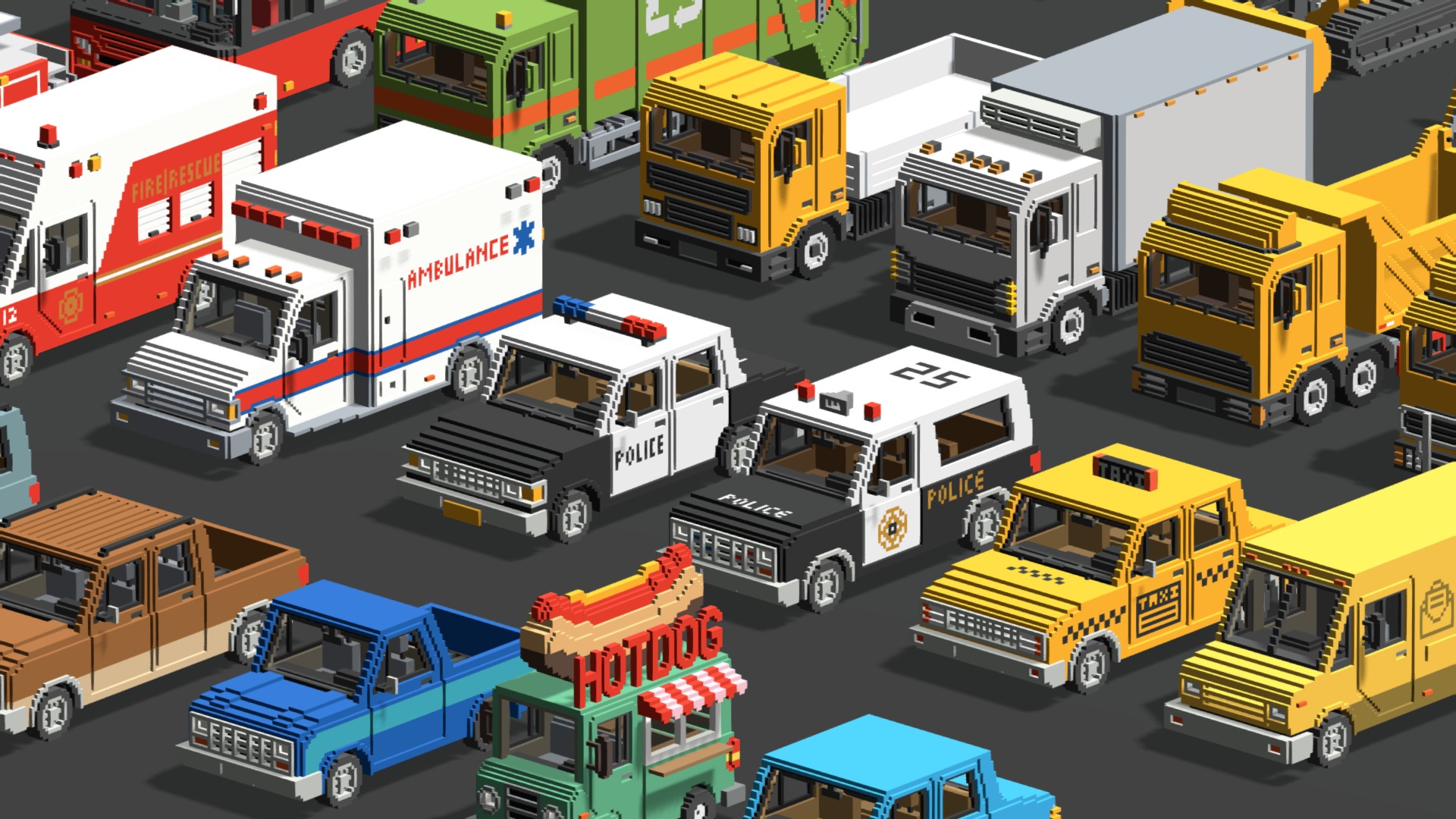 3D model Voxel Vehicles Pack (24 Vehicles) - This is a 3D model of the Voxel Vehicles Pack (24 Vehicles). The 3D model is about a group of toy trucks.