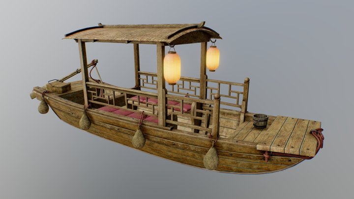 Traditional Asian wooden boat 3D Model