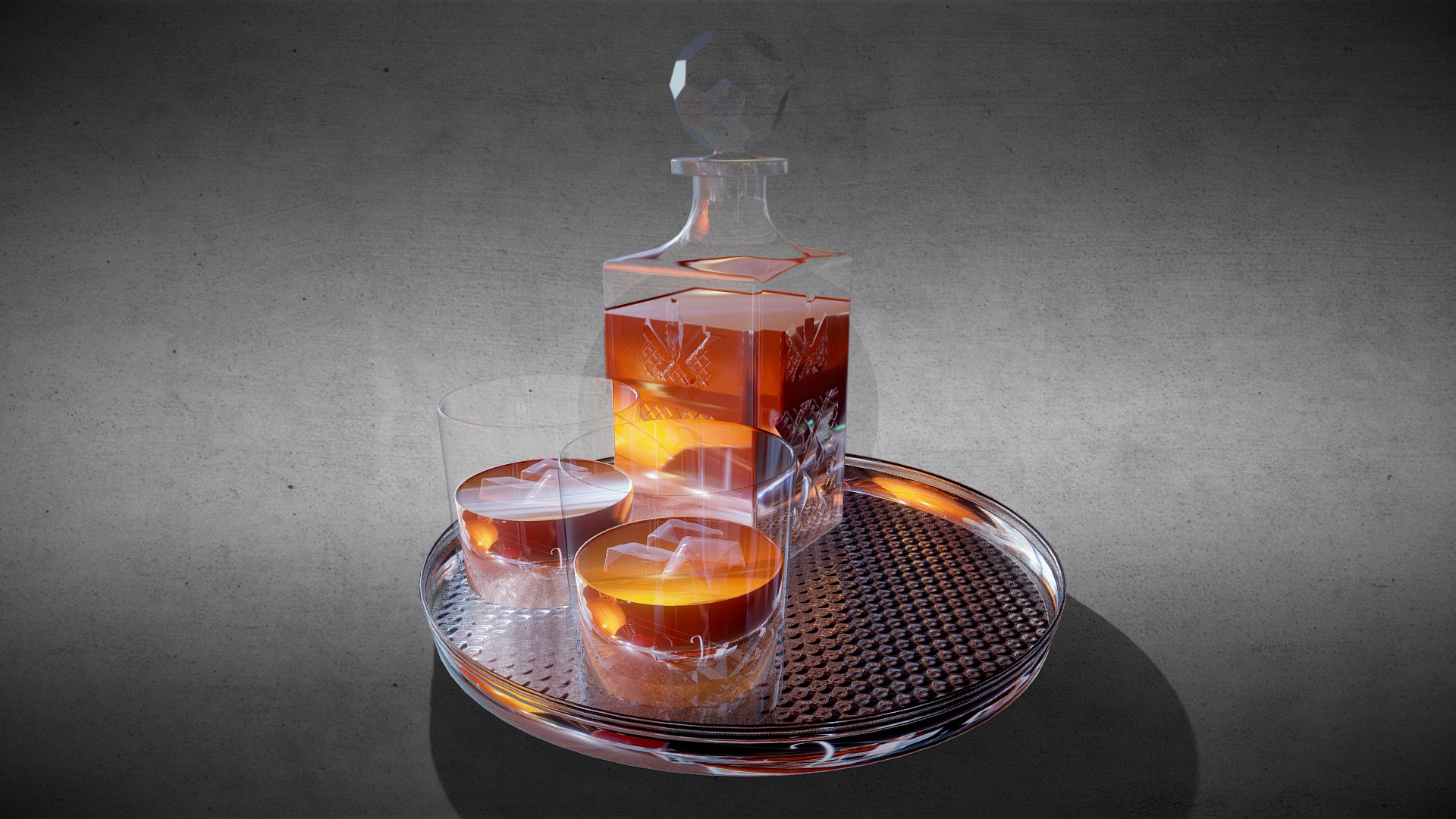 3D model Whisky set - This is a 3D model of the Whisky set. The 3D model is about a glass bottle with a clear top and a clear top with orange liquid inside.