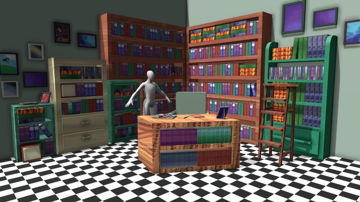 Mini Library Modeling & Texturing 3D Model