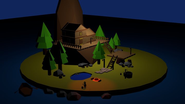 Low Poly Island Cabin – Night Camp Scene 3D Model