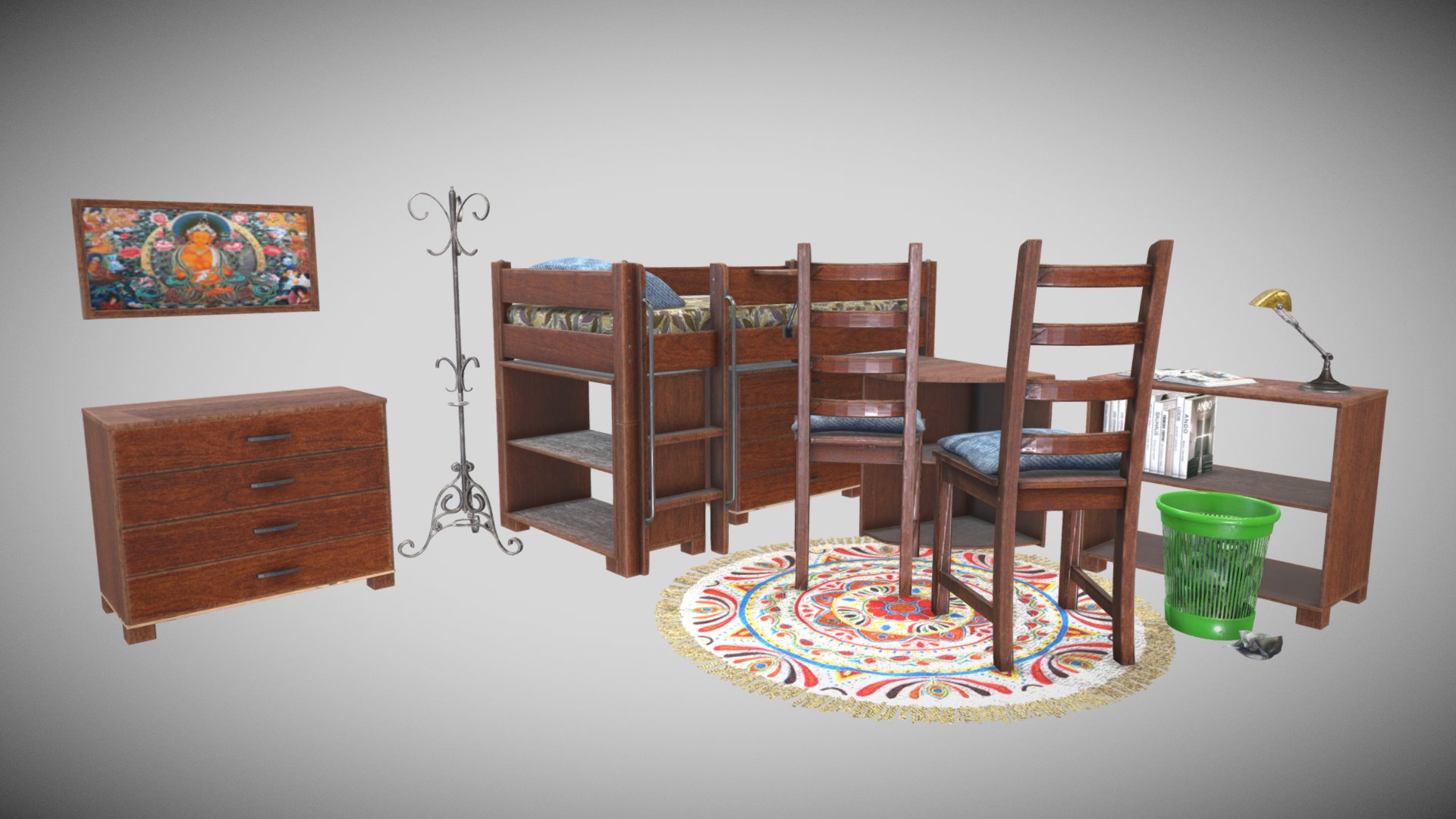 3D model Letto A Castello - This is a 3D model of the Letto A Castello. The 3D model is about a room with chairs and a table.