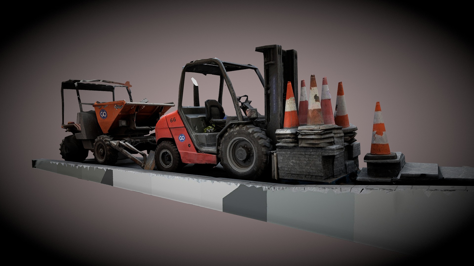 3D model Fork lift and tipper scan - This is a 3D model of the Fork lift and tipper scan. The 3D model is about a toy vehicle on a shelf.