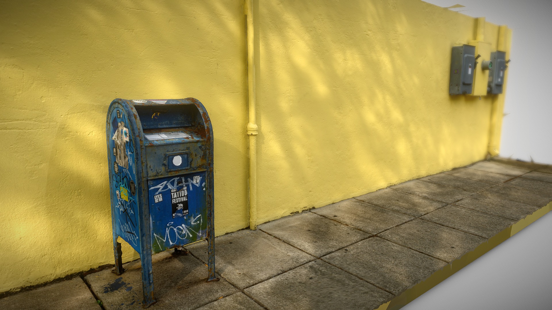 3D model Yellow Wall - This is a 3D model of the Yellow Wall. The 3D model is about a blue box on a sidewalk.