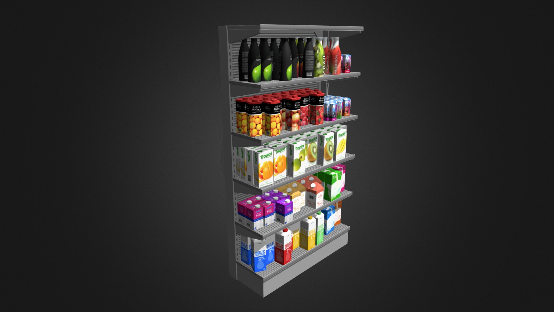 3D model Market Shelf – Milk and Juices - This is a 3D model of the Market Shelf - Milk and Juices. The 3D model is about a shelf with many bottles of alcohol on it.