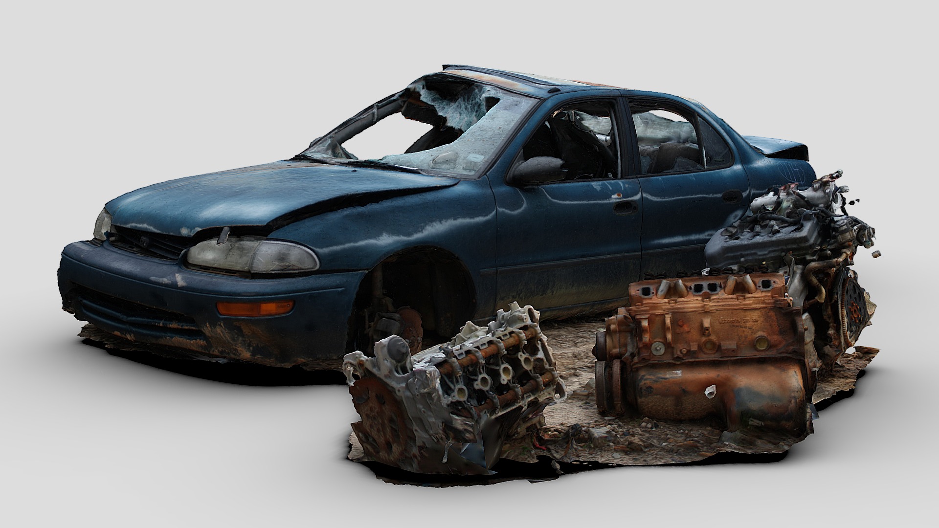 3D model Wreck with Engines (Raw Scan) - This is a 3D model of the Wreck with Engines (Raw Scan). The 3D model is about a blue car with a large engine.