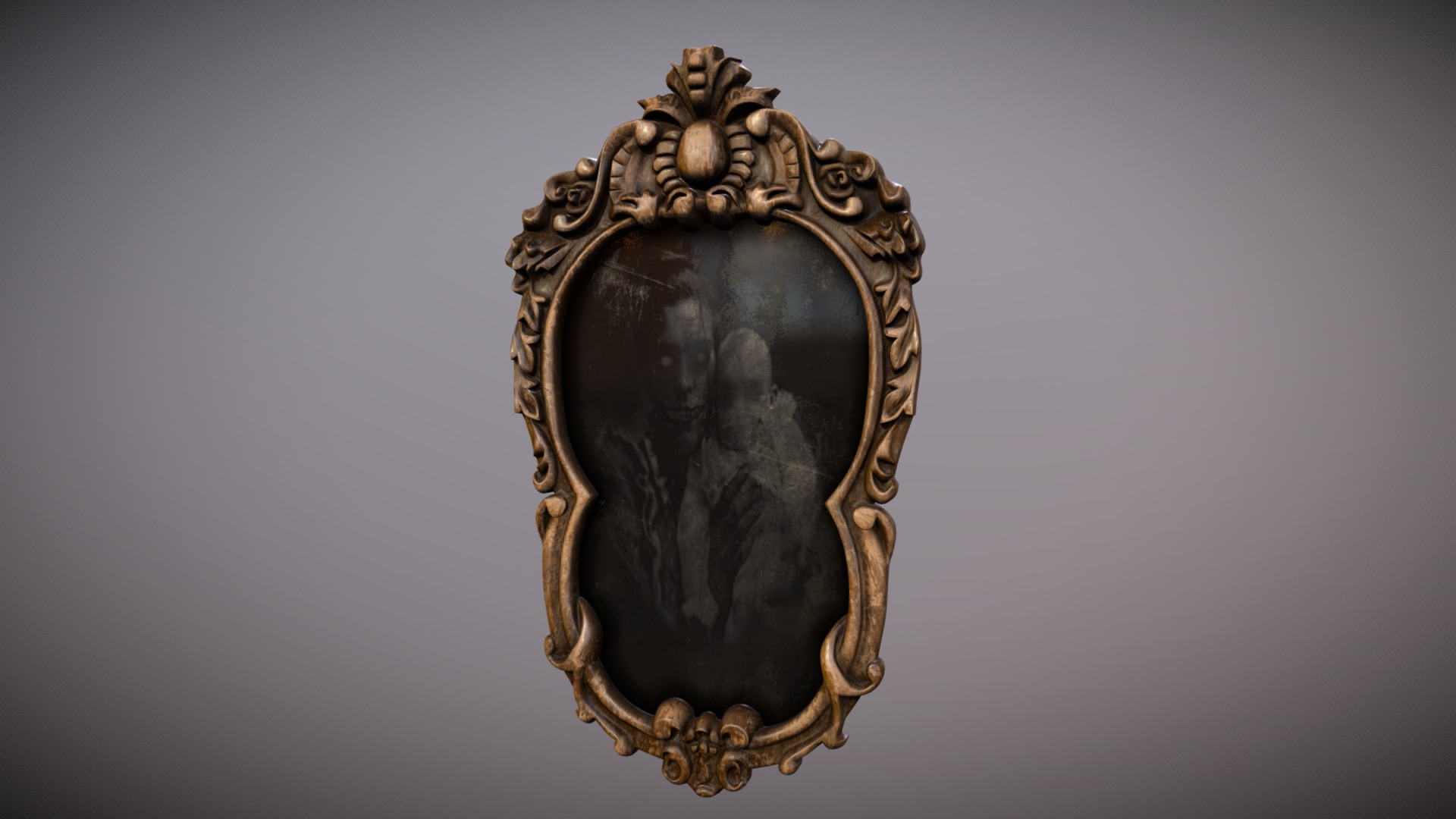 3D model Game Art: Creepy Mirror - This is a 3D model of the Game Art: Creepy Mirror. The 3D model is about a gold and silver object.
