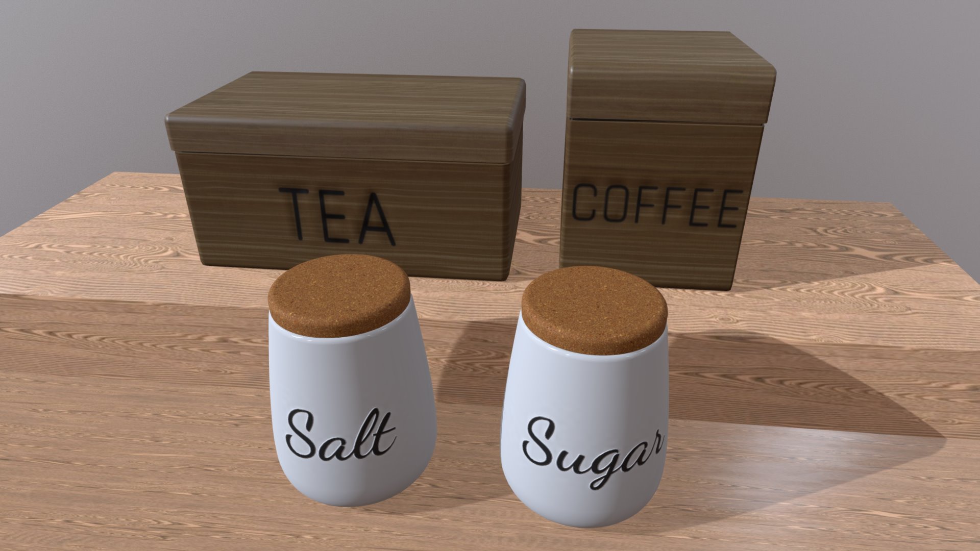 3D model Kitchen Containers for Coffee, Tea, Sugar & Salt - This is a 3D model of the Kitchen Containers for Coffee, Tea, Sugar & Salt. The 3D model is about a group of coffee cups.