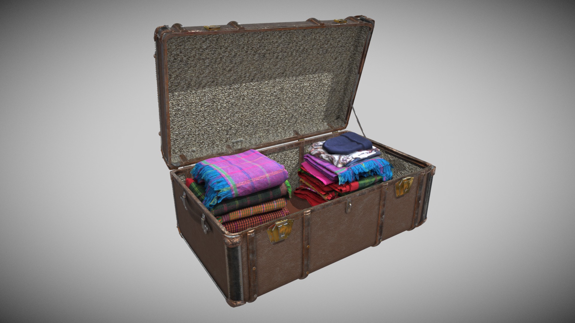 3D model Trunk and blankets - This is a 3D model of the Trunk and blankets. The 3D model is about a suitcase full of clothes.