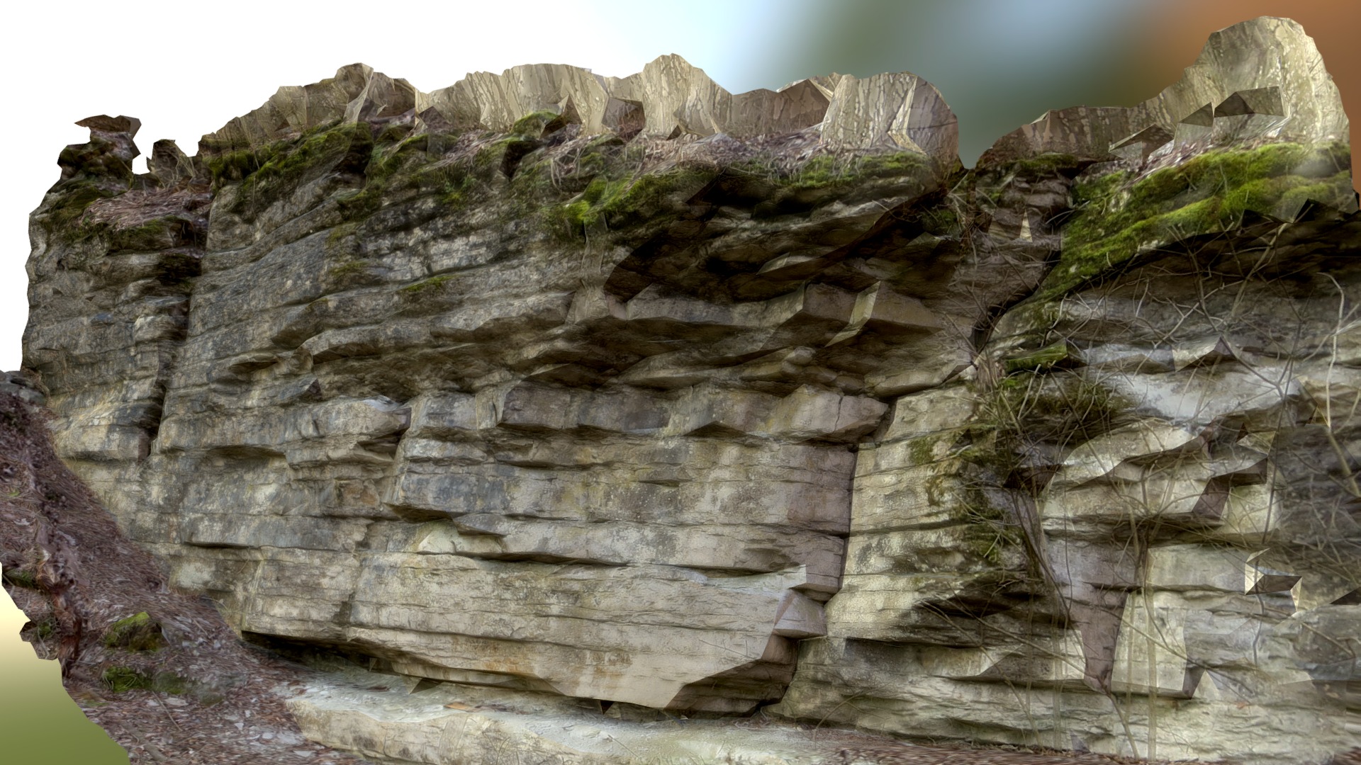 3D model layered rock formation - This is a 3D model of the layered rock formation. The 3D model is about a rocky cliff with grass growing on it.
