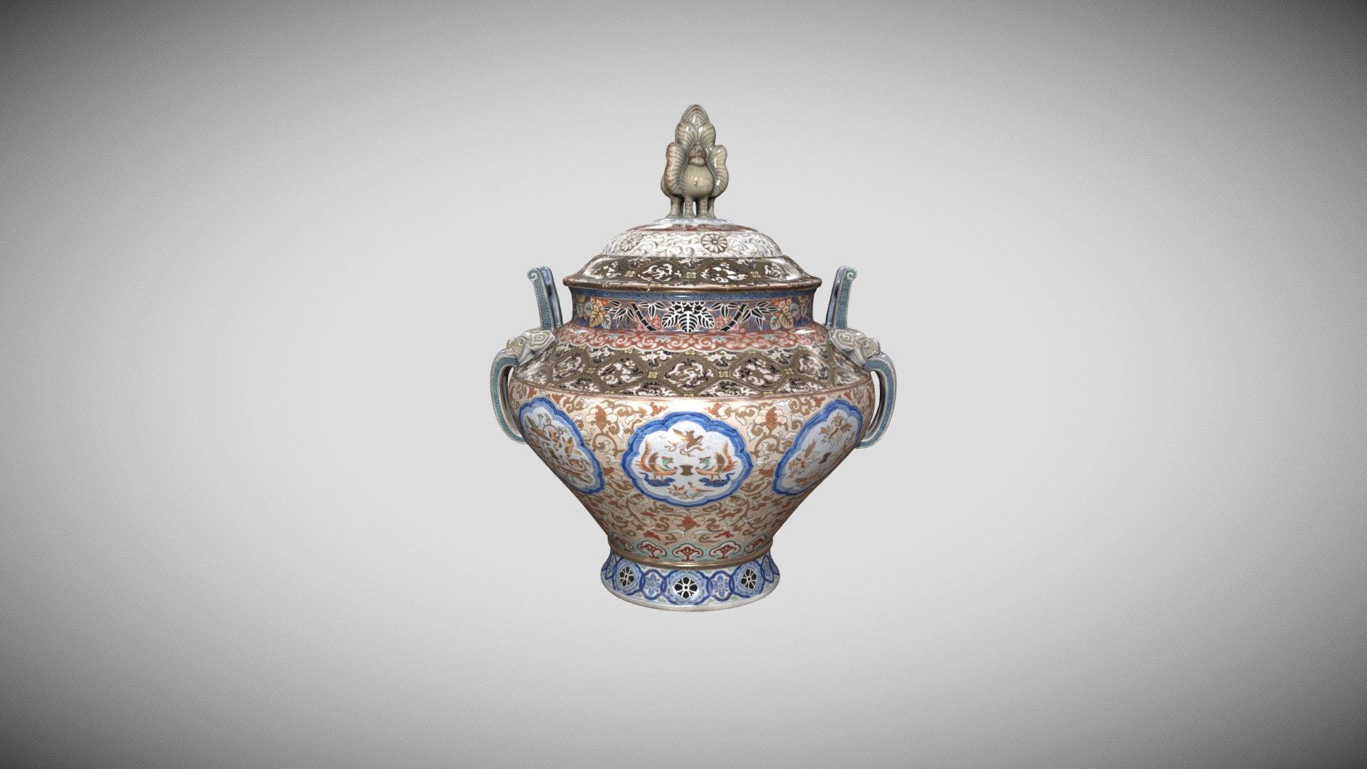 染付上絵桐鳳凰文透彫大香炉 — Sketchfab embed 3D viewer