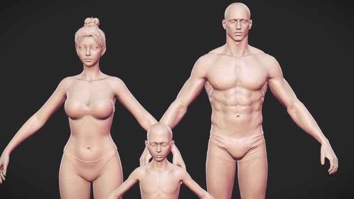 Realistic 3 characters man woman anatomy 3D Model