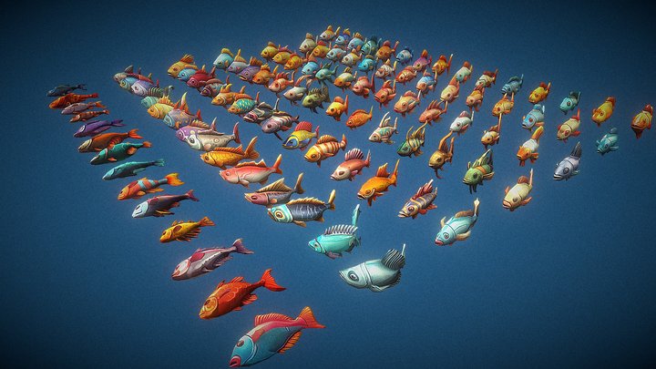 100 Stylized Fish Pack 3D Model