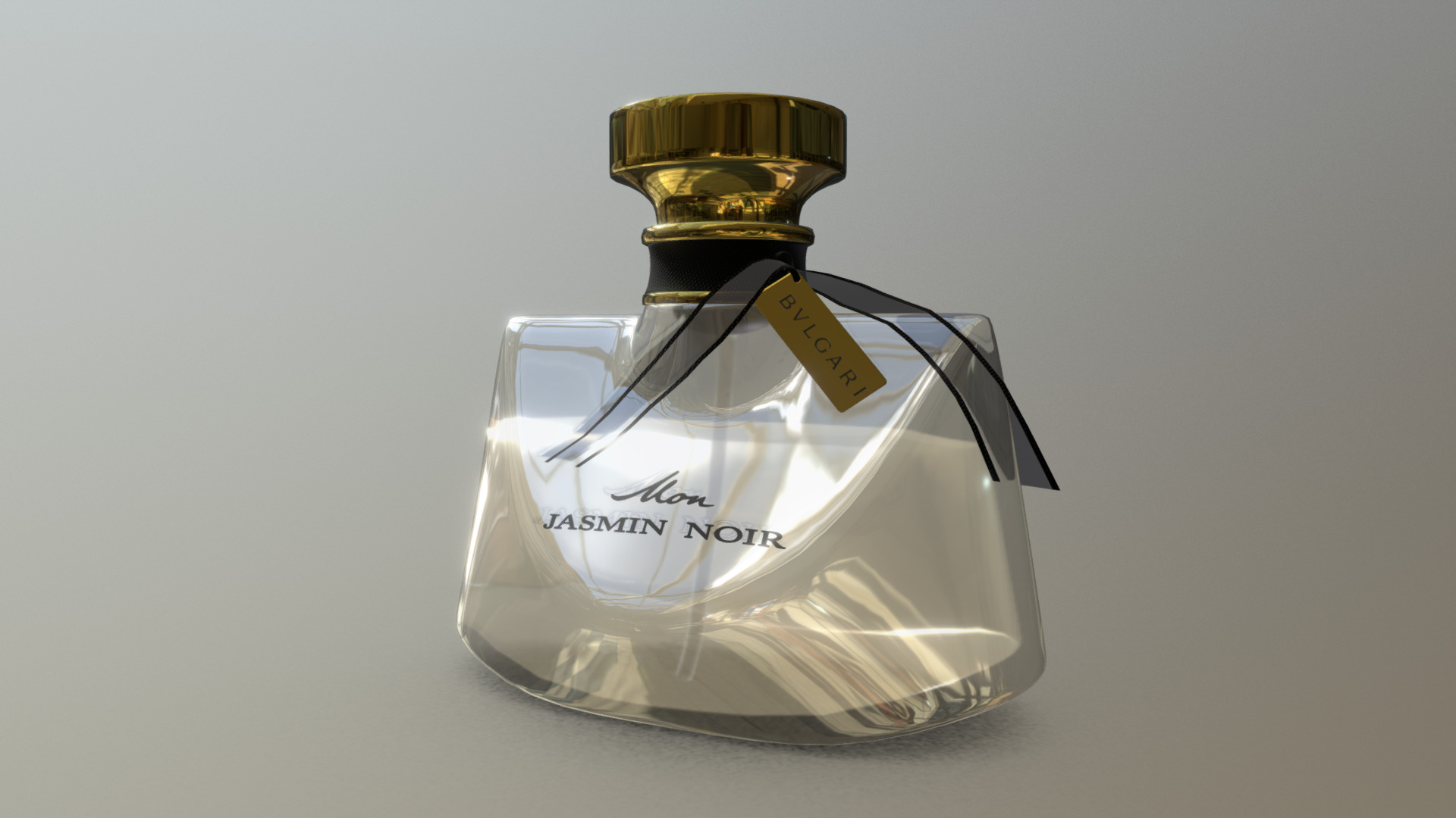 3D model Bvlgari Mon Jasmin Noir - This is a 3D model of the Bvlgari Mon Jasmin Noir. The 3D model is about a glass bottle with a yellow label.