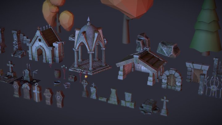 3D Low Poly fantasy cemeteries Set halloween 3D Model