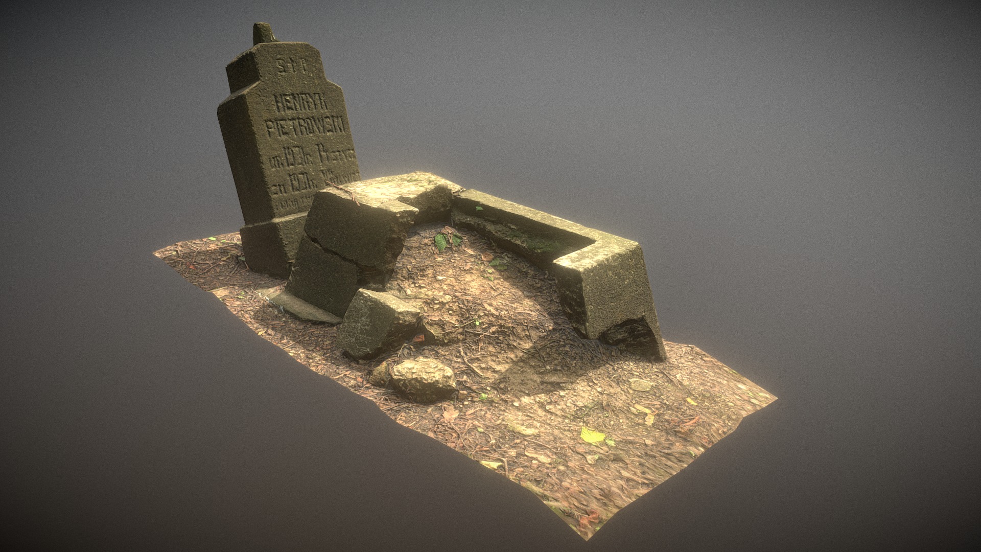 3D model Photorealistic Scanned Broken Grave LOD 0-3 - This is a 3D model of the Photorealistic Scanned Broken Grave LOD 0-3. The 3D model is about a stone structure with a sign on it.