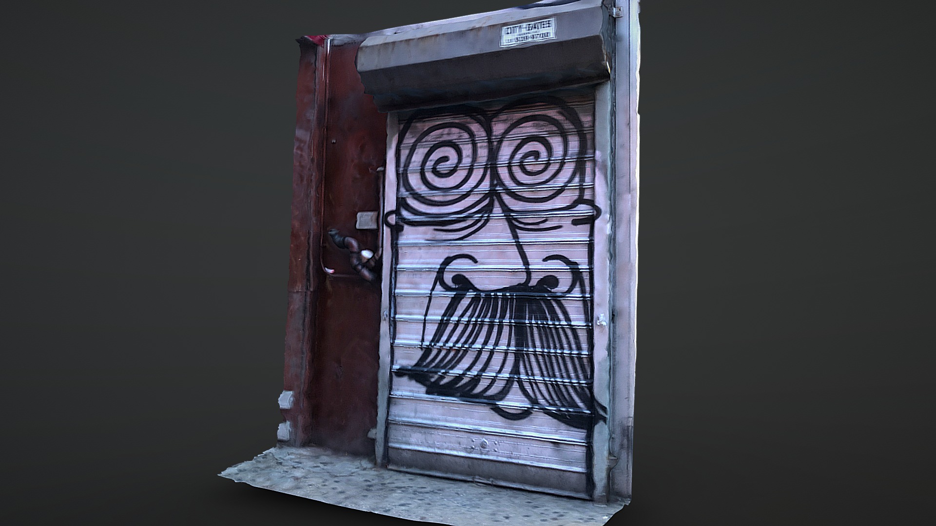3D model Moustache shop door – Raw scan - This is a 3D model of the Moustache shop door - Raw scan. The 3D model is about a door with a metal gate.