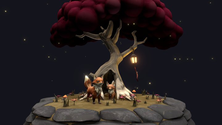 Cute Foxes Tree 3D Model